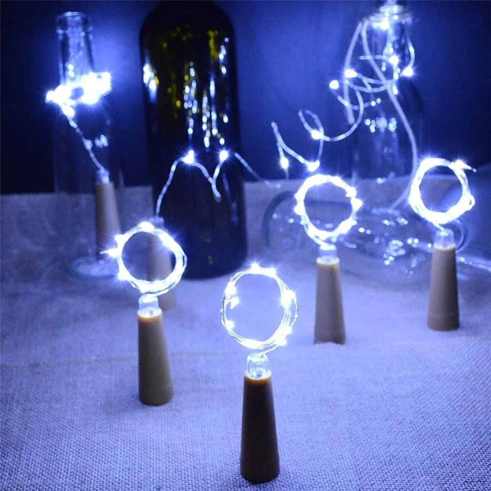 10 unids/lote botella de vino luz LED corcho cadena luces con pilas alambre plateado luces de hadas para fiesta Navidad decoración de mesa de boda