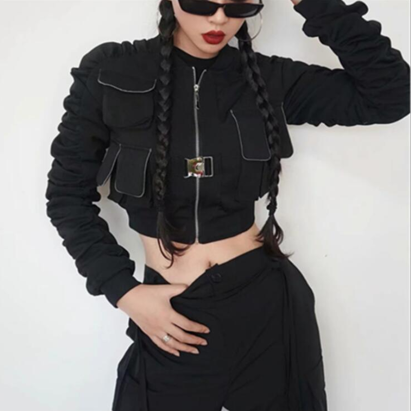 Jaket Bomber Saku Leher-o Wanita Musim Gugur Chic Mantel Kardigan Ramping Hitam Ritsleting Motor Atasan Potong Lengan Lipit Panjang Chaqueta