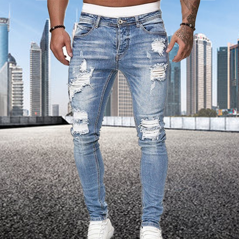 Pantalones vaqueros rasgados de estilo callejero para hombre, Jeans ajustados de estilo Vintage, pantalones de mezclilla lisos lavados, pantalones de lápiz ajustados informales, gran oferta