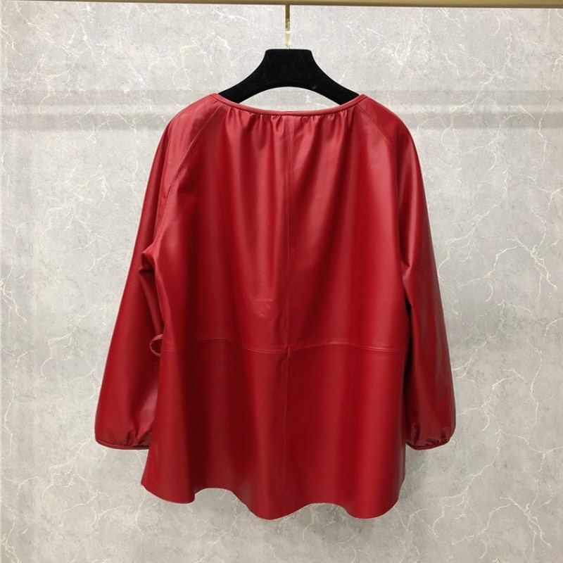 Mới Thời Trang Nữ Da Cừu Áo Thun Cổ Áo Dáng Rộng Thun Thắt Lưng Da Thật Chính Hãng Da Áo Khoác Nữ Tay Phồng Da Đầu