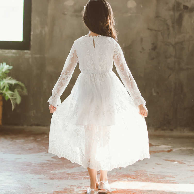 Gaun Bunga Renda Putih Elegan untuk Pernikahan Lengan Panjang A Line Pesta Putri Putri Komuni Kontes Vestidos Usia 8 10 12 14