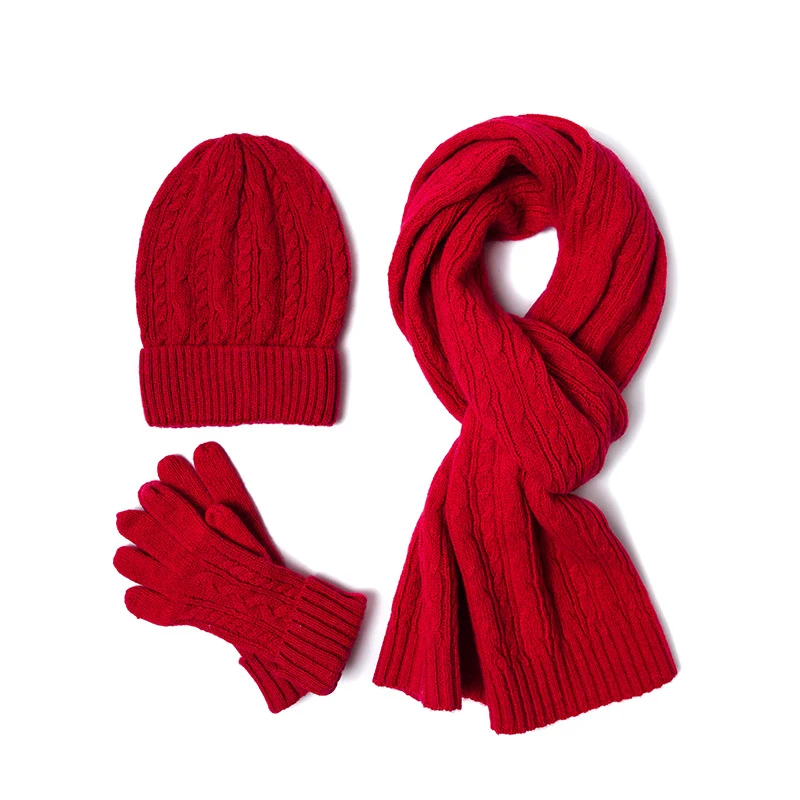 3PC ถักหมวกผ้าพันคอถุงมือชุดสำหรับสตรีฤดูหนาว Warm Wool Twist หมวก Gorros Bonnet Solid Headband ถักผ้าพันคอใหม่ปีของขวัญ
