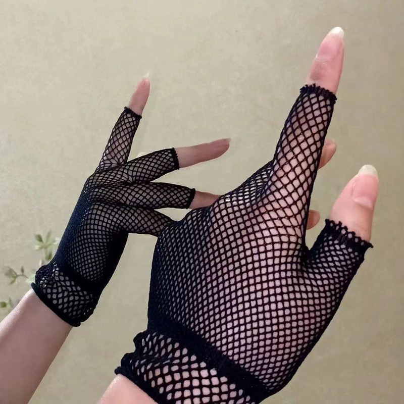 1 ペアユニセックスショート網タイツ手袋ファッションガール指なしメッシュグローブパンクロックファンシーナイトクラブパーティーセクシーな女性黒手袋