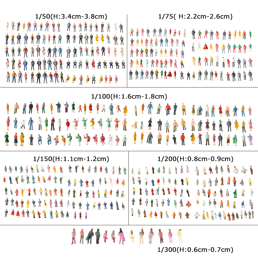 子供のためのプラスチック製の色を変えるフィギュア,100ユニット,1:100/1:150/1:75/1:50スケール,人々のためのフィギュア,ミニチュアビルディングヒーロー,さまざまな色