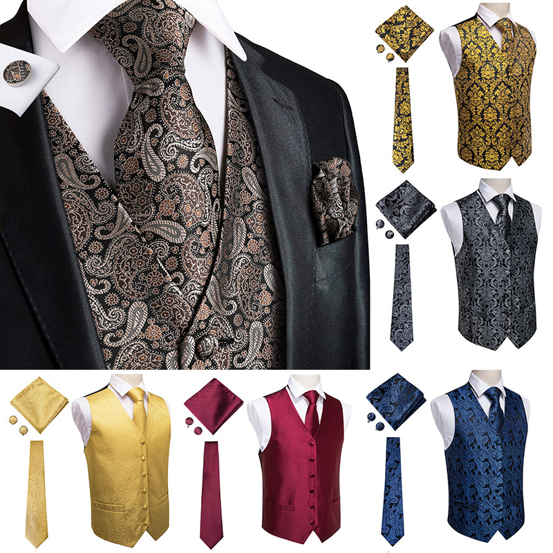 Conjunto de colete paisley de luxo masculino, abotoaduras para casamento, 100% seda, colete dourado, amarelo, clássico, oi-tie, preto