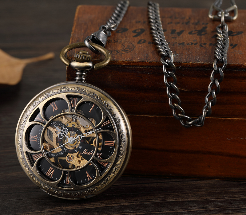 Reloj Mecánico de bronce para hombre, cronógrafo de bolsillo con esfera de números romanos, con tapa mecánica y cadena Fob, caja de regalo