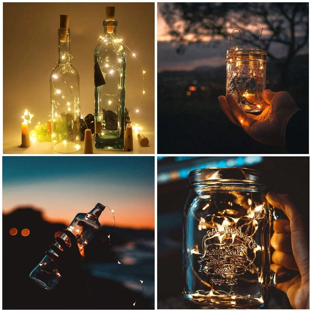 10 unids/lote botella de vino luz LED corcho cadena luces con pilas alambre plateado luces de hadas para fiesta Navidad decoración de mesa de boda