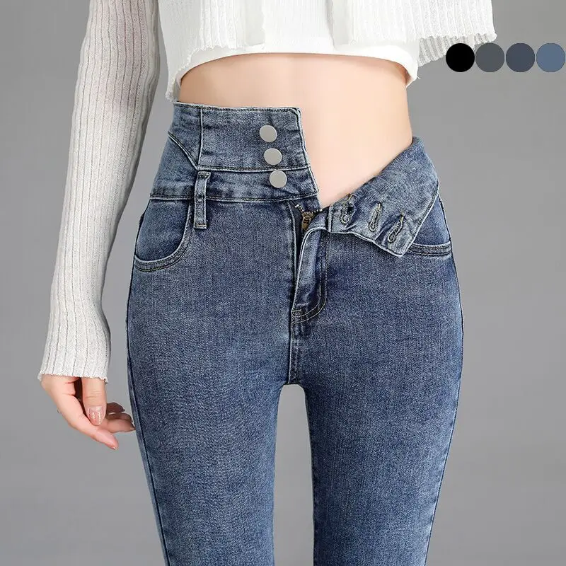 Nuevos pantalones vaqueros ajustados elásticos de cintura alta Vintage de alta calidad, pantalones pitillo con botones elásticos a la moda para mujer, pantalones vaqueros informales para mamá