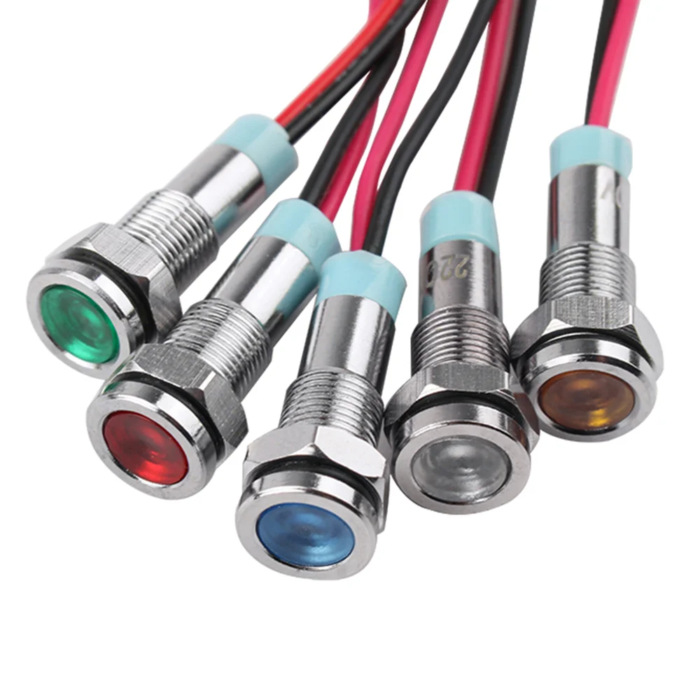 1 ชิ้น 6 มิลลิเมตร 6 โวลต์ 12 โวลต์ 24 โวลต์ 220 โวลต์หัวแบน LED โลหะไฟแสดงสถานะ 6 มิลลิเมตรกันน้ําสัญญาณโคมไฟลวดสีแดงสีเหลืองสีฟ้าสีเขียวสีขาว