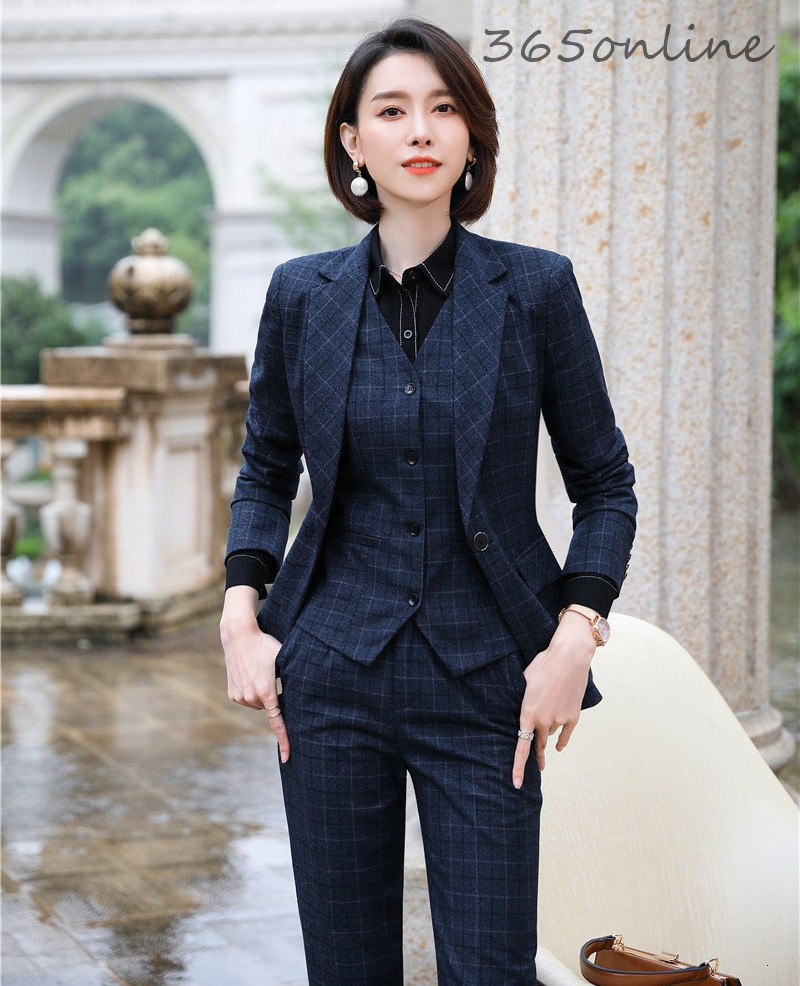 フォーマル制服デザインパンツスーツ女性のためのビジネスワークウェアレディースオフィス秋冬プロフェッショナル OL ブレザーファッションチェック柄