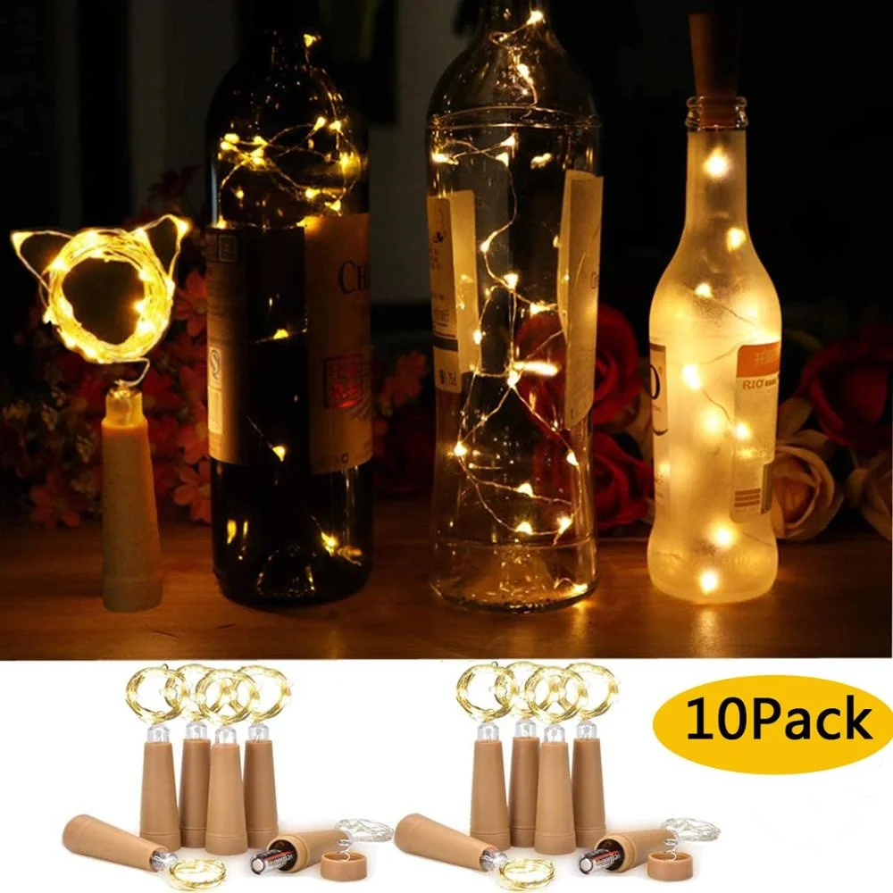 10 unids/lote botella de vino luz LED corcho cadena luces con pilas alambre plateado luces de hadas para fiesta Navidad decoración de mesa de boda