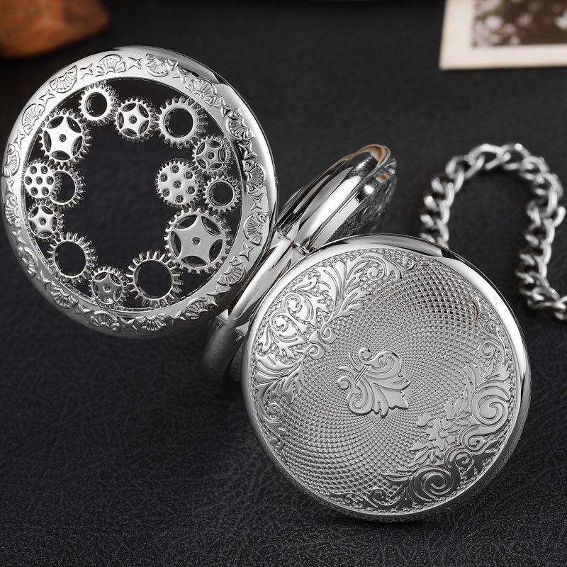 빈티지 Steampunk 기어 중공 청동 기계식 주머니 시계 Fob 체인 손 바람 해골 목걸이 시계 남자 여자 선물