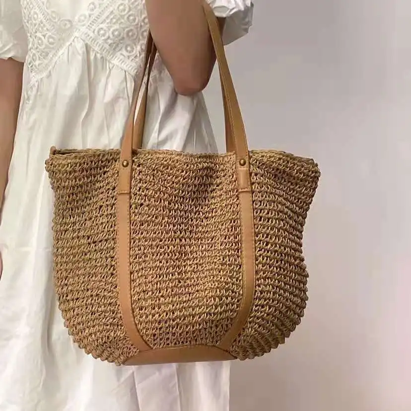 女性のための大容量ストローバッグ,手作りの手織りショルダーバッグ,紙,ビーチバッグ,大,ショッピング,2022