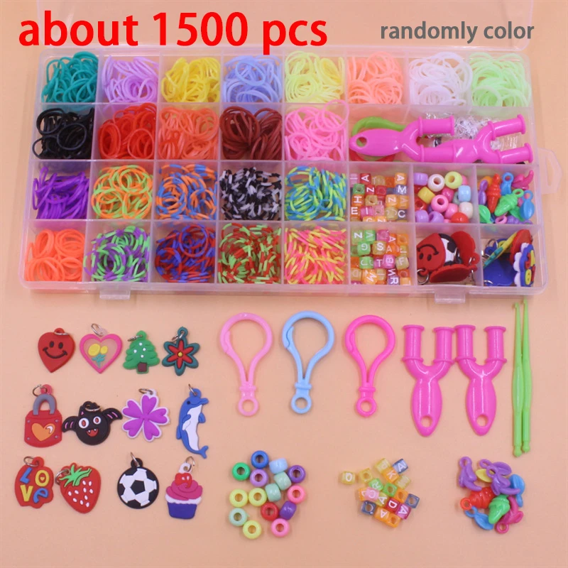 600–1500 Stück + bunte Webstuhlbänder-Set, Bonbonfarben-Armbandherstellungsset, DIY-Gummiband, gewebtes Armband-Set, Mädchen-Bastelspielzeug, Geschenke