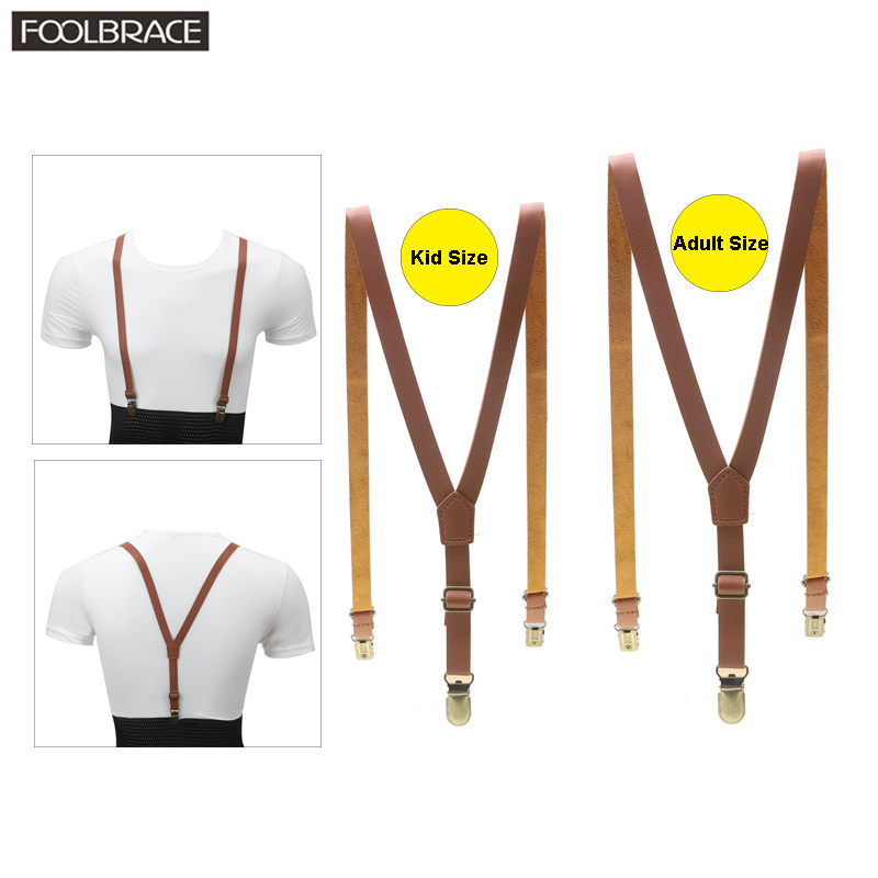Adult/Kid Fashion Vader/Zoon Lederen Bretels Mannen Jongen Riem Pu Leer Clip-on Slim Bretels Bretels 1.5cm Breedte