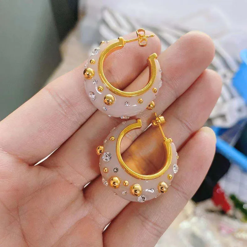 Anting-anting lingkar Chunky Resin perhiasan Dupl desainer merek mewah tebal manik-manik emas wanita anting-anting Hoop Chunky