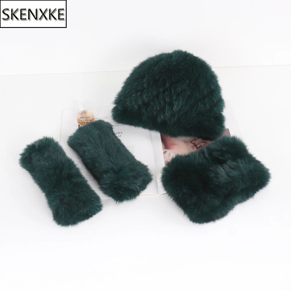 Lady Knitted 100% Natural Rabbit Fur Scarf Hat Glove Set Winter Women Warm Fluffy Genuine Rabbit Fur Scarves Hats Gloves Sets
