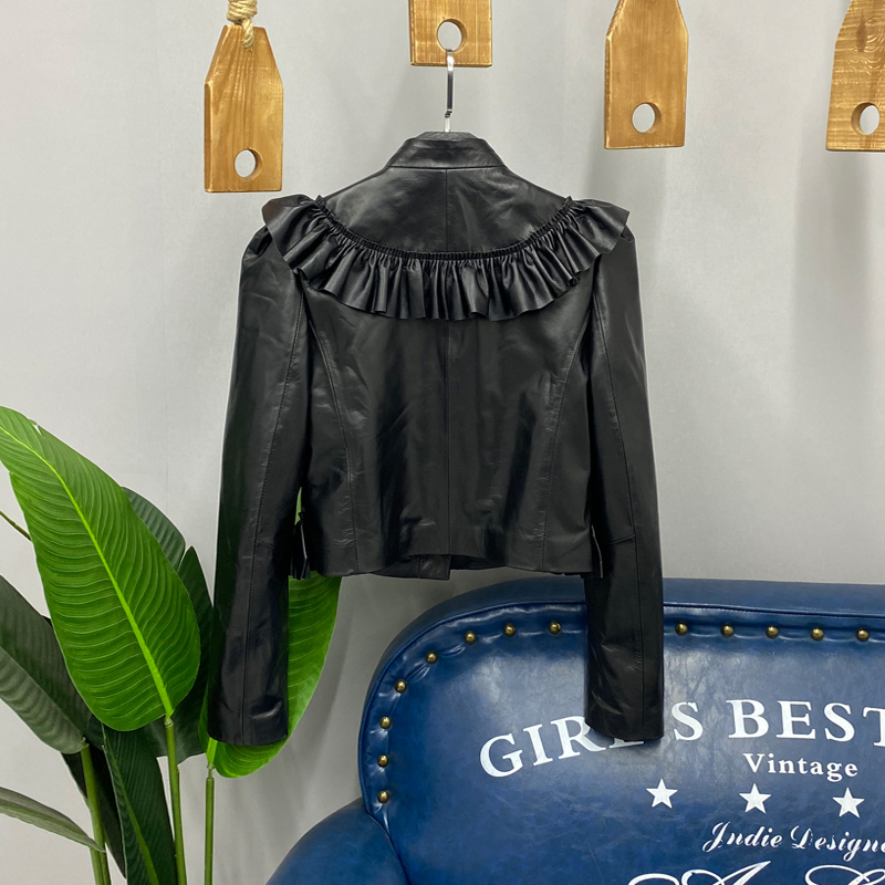 Stand Collar Pleated Ruffles Short High Waist Jacket Women Real Leather Sheepskin Cropped Coat Fashion Slim Jackets S-3XL