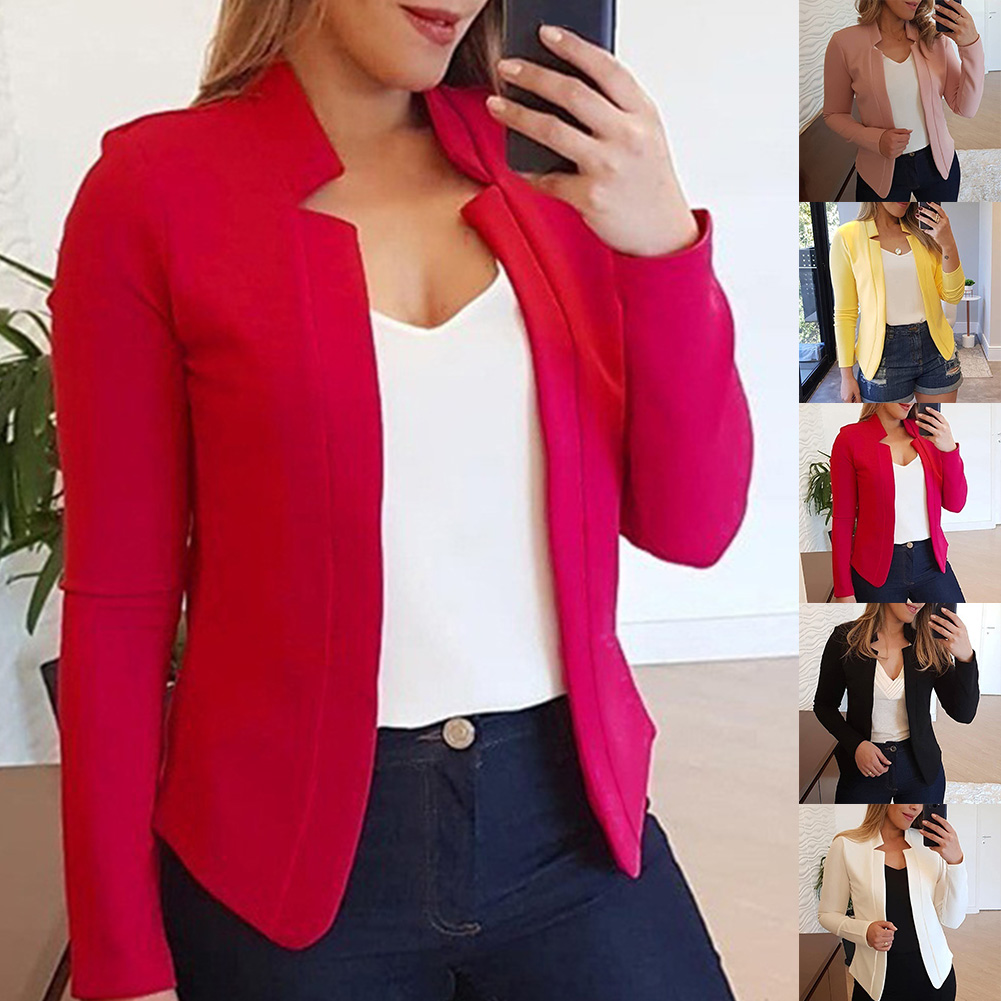 Moda de otoño para mujer, Color sólido, manga larga, cuello levantado, chaqueta ajustada, abrigo, ropa de mujer, Blazers, trajes de manga larga a la moda