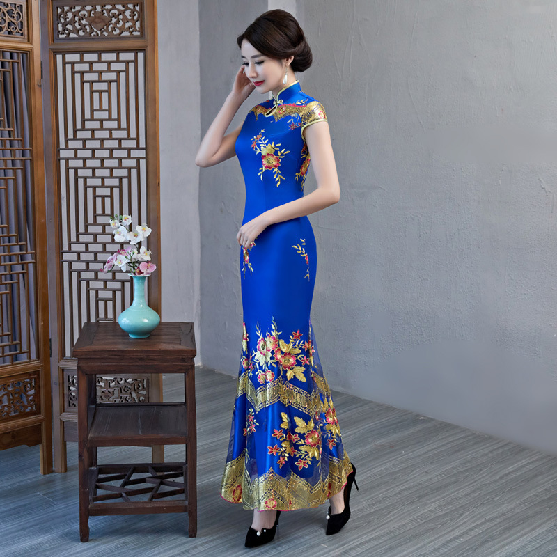 Cheongsam Split Tinggi Seksi Qipao Wanita Satin Gaun Pesta Malam Vestidos Kerah Mandarin Floral China Ukuran Plus 3XL-5XL