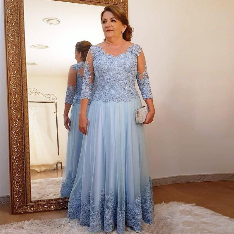 Plus Size Kleid für die Brautmutter für Hochzeit, Party, hellblauer Spitze, Tüll, 3/4-Langarm, formelle Abendkleider für Damen