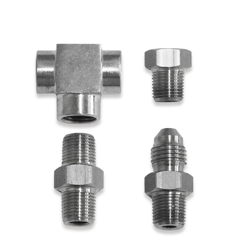 MSCRP Tee fiting adaptor 3 cara 1/8 ", NPT ke 4AN & Plug Block Sensor tekanan oli paduan Aluminium