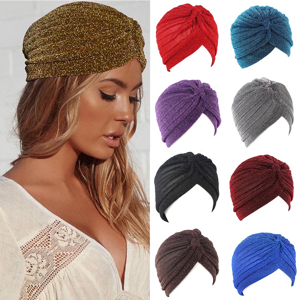 Twist Turban Caps Mode Frauen Knoten Muslimischen Hijab Shiny Gold Silber Glitter Indischen Hut Männer Casual Einfarbig Einfache Kopftuch