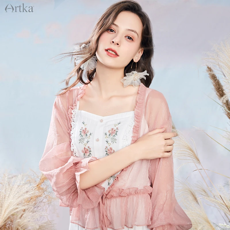 Artka 2020 夏新女性エレガントなフリルシフォンシャツ緩いカーディガンシャツコートオープンステッチブラウス WA20002X