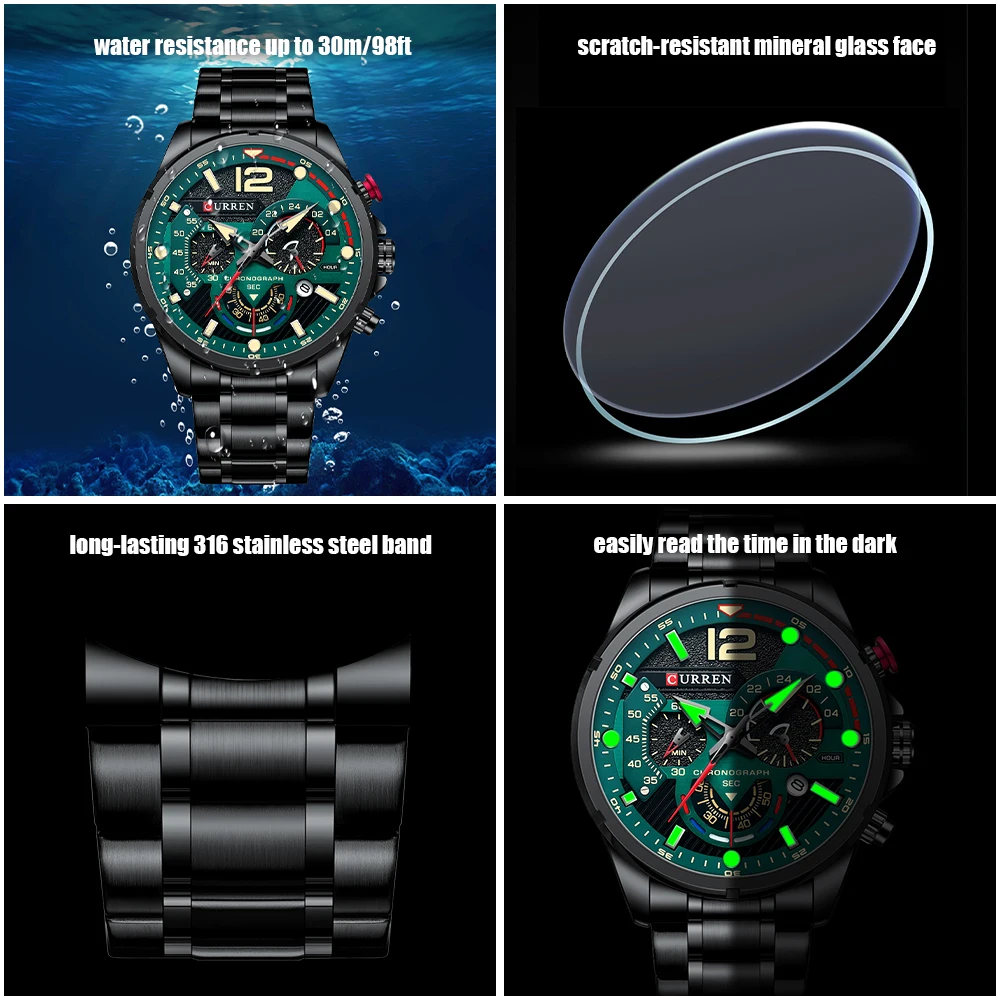 Relojes CURREN de cuarzo a la moda, reloj de pulsera deportivo informal para hombre con cronógrafo de acero inoxidable, reloj con esfera luminosa