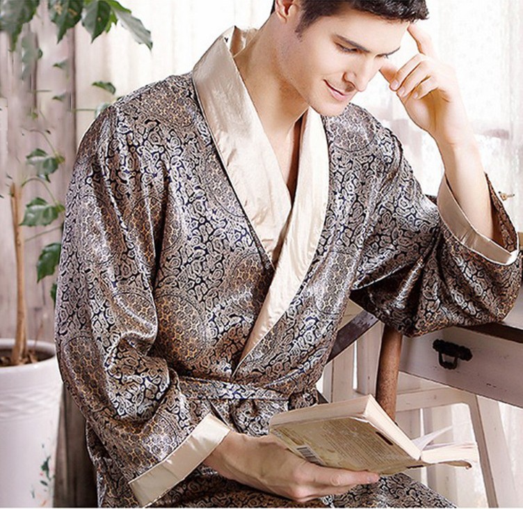 Bata para hombre, camisón de satén, Kimono, albornoz, ropa de dormir informal, bata de casa dorada con estampado de talla grande 3XL 4XL 5XL
