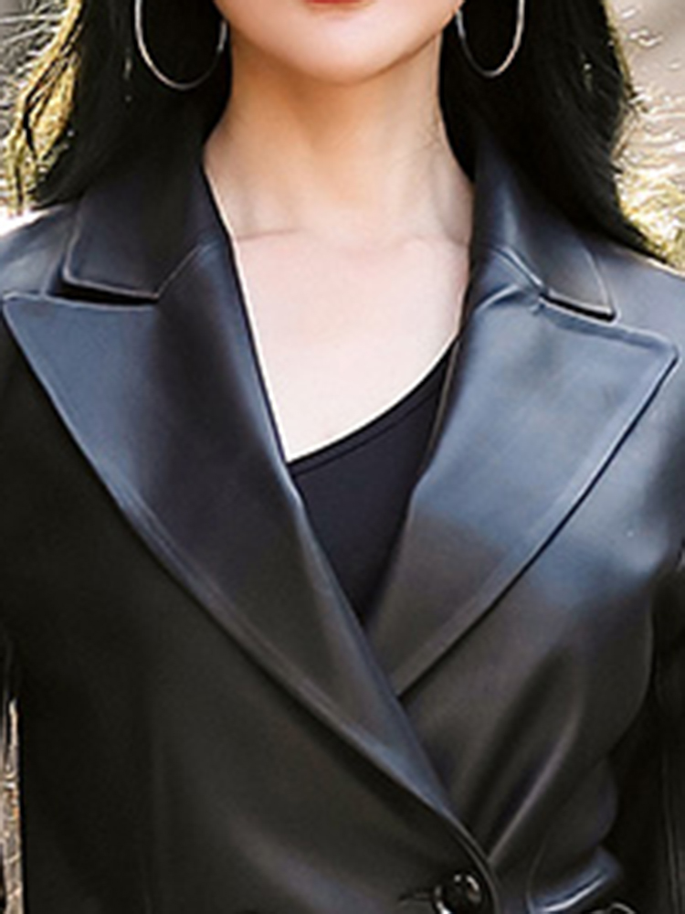 Lautaro Herbst Schwarz Wasserdicht Pu Leder Trenchcoat für Frauen Langarm Gürtel Zweireiher Herbst Designer Mode