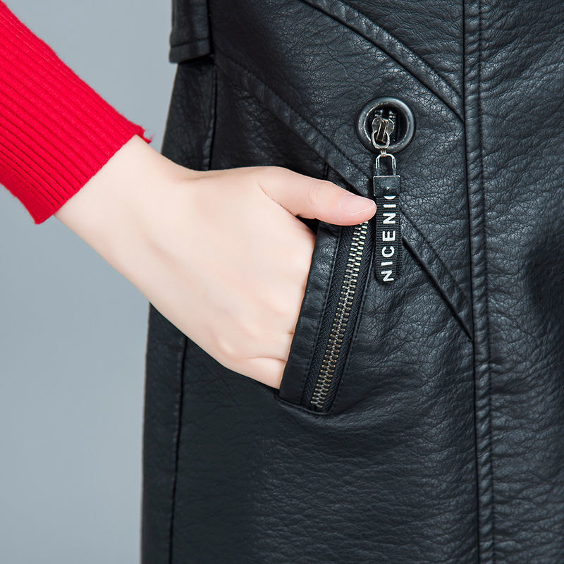 Chaleco de cuero sintético para mujer, Chaqueta larga sin mangas, abrigo de traje, prendas de vestir negras, 2021