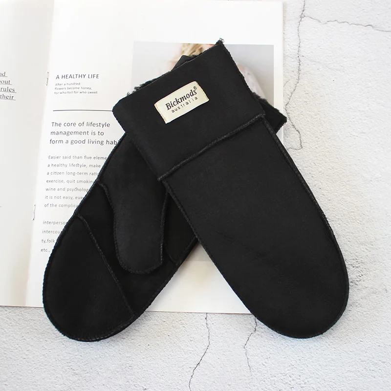 หนังแกะขนสัตว์Mittensผู้หญิงหนังขนสัตว์สีฤดูหนาวความอบอุ่นหนากลางแจ้งเย็นเด็กนักเรียนWindproofถุงมือ