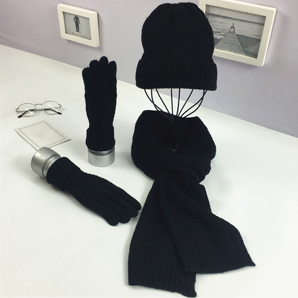 Mode Damen Neue Herbst Winter Warm Einfarbig Schal Hut Handschuh Sets Frauen Dicken Stricken Weiche Gestrickte Woll Set