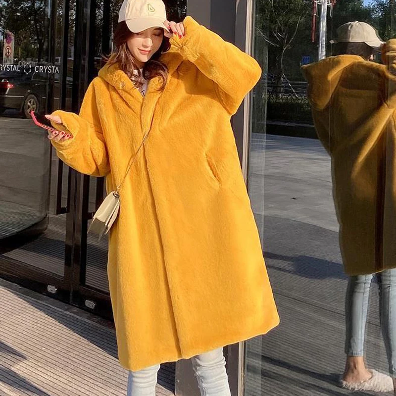 2021ใหม่ผู้หญิงฤดูหนาว Faux ขนเสื้อคลุมยาวขนสัตว์หนาหนาอุ่นหญิง Plush Plus ขนาดหลวม OverCoat