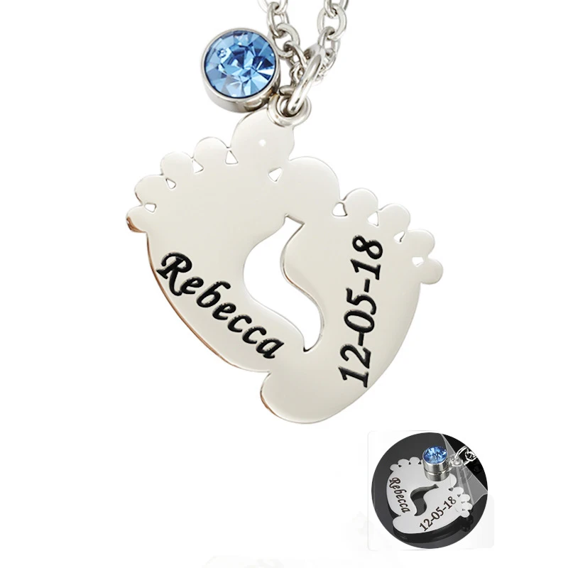 Kustom Pribadi Nama Bayi Ulang Tahun Kaki Kalung dengan Batu Kelahiran Terukir Tanggal Jejak Kalung untuk Ibu Ayah Perhiasan Hadiah
