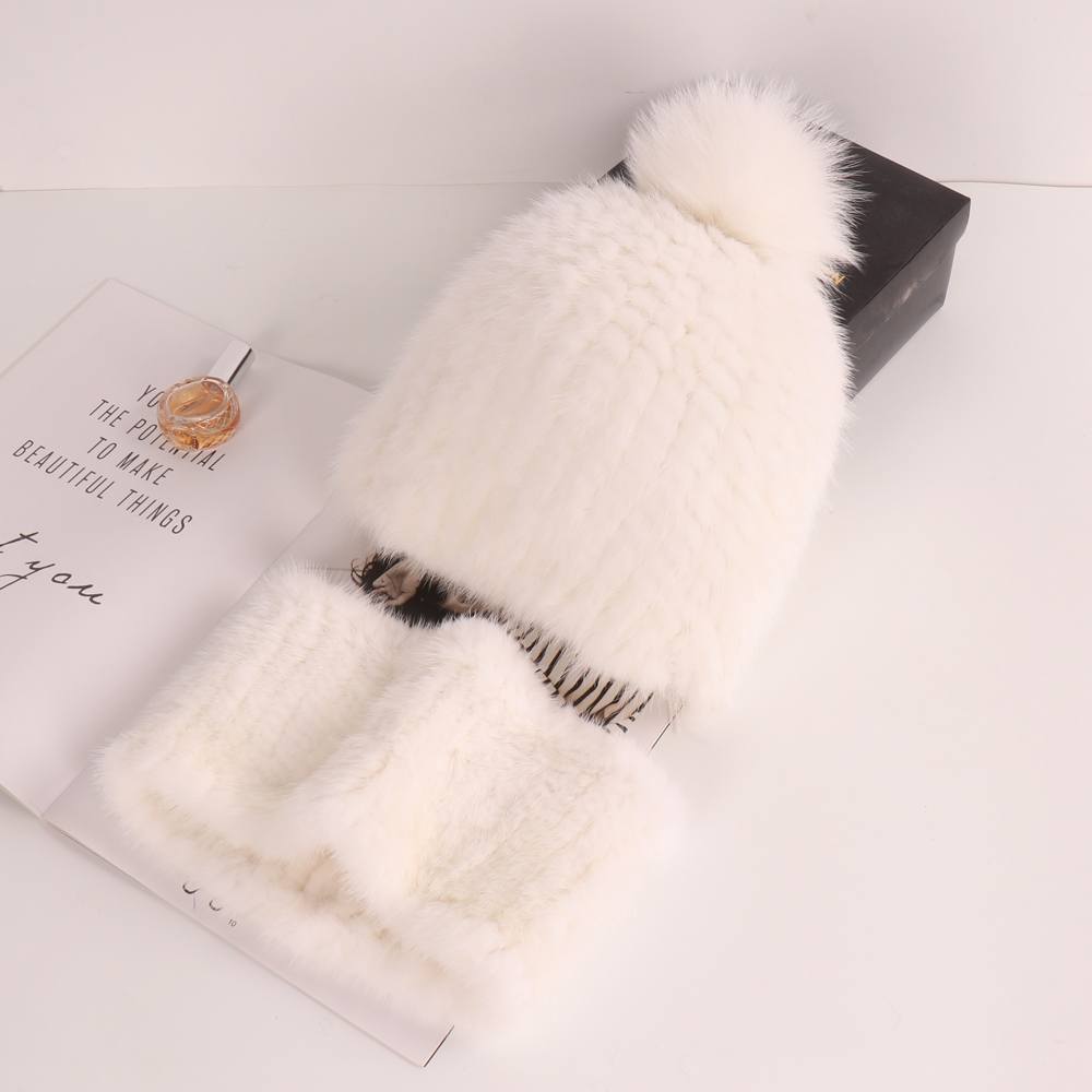 Nieuwe Winter Vrouwen Warme Nertsen Bontmuts Sjaal Sets Natuurlijke Gebreide Echte Nertsen Bont Hoeden Sjaals 2 Stuks 100% Echt Bontmuts Uitlaat