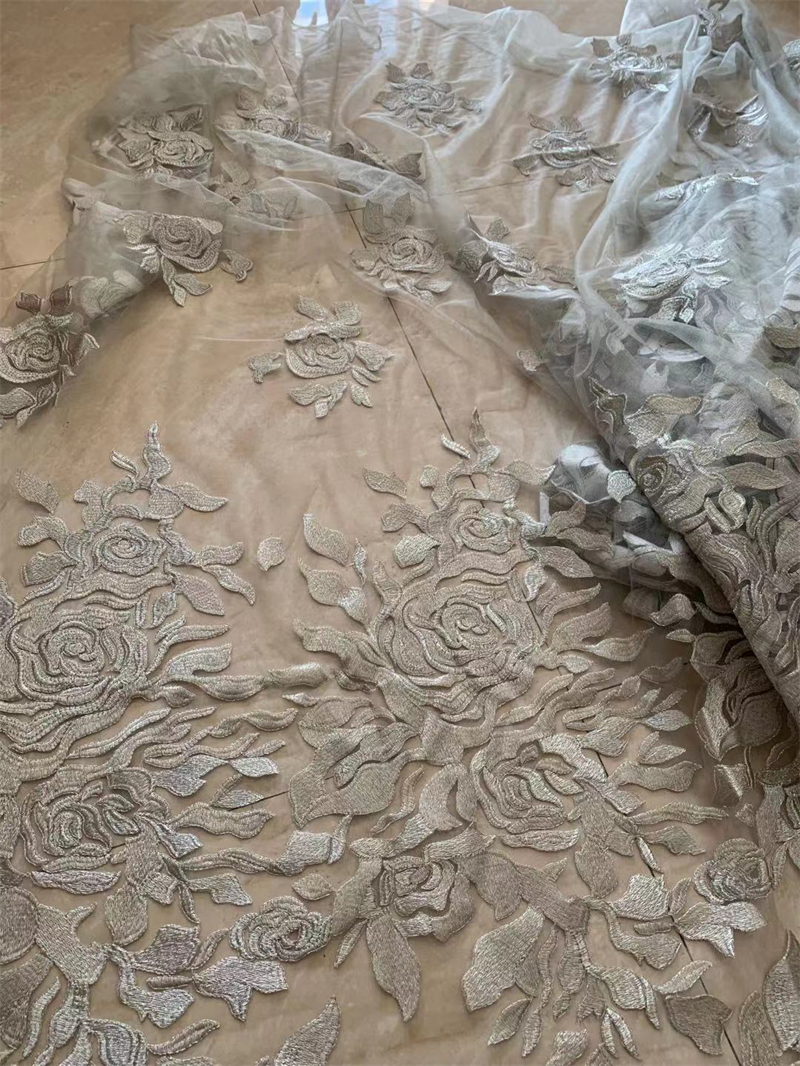 Haute Couture 5Yar/Lot Perak Abu-abu Kualitas Terbaik Mewah Bordir Tulle Mesh Renda Kain Perancis untuk Gaun Pengantin Pernikahan