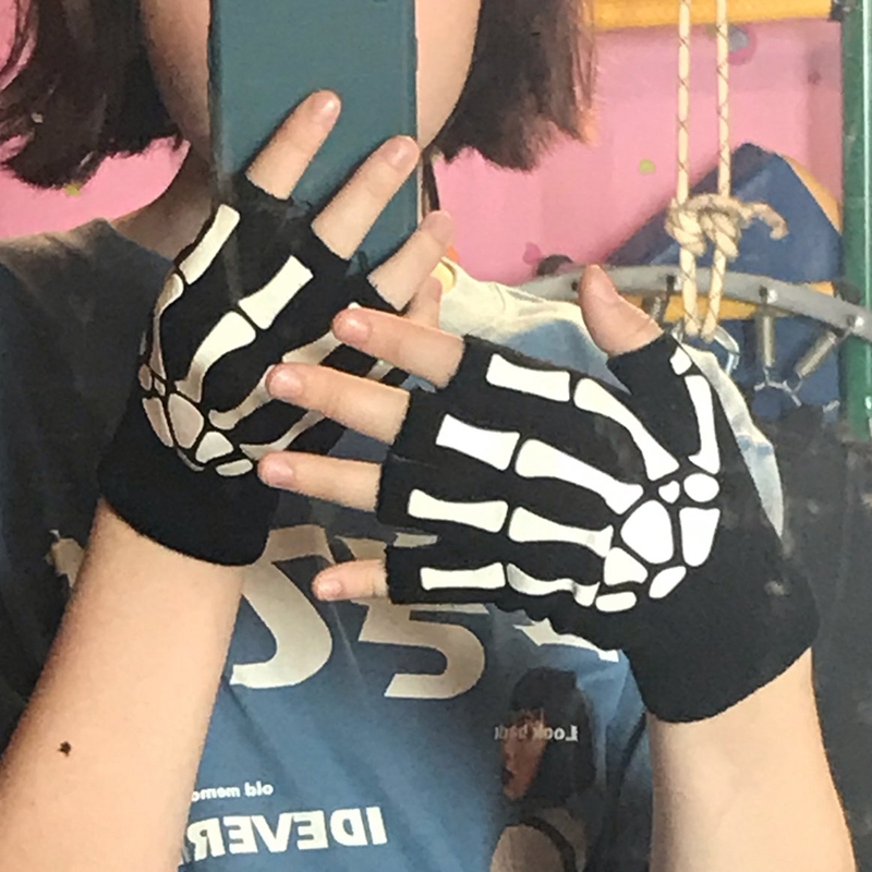Novas luvas punk unissex halloween esqueleto crânio metade dedo luvas brilham no escuro sem dedos estiramento malha luvas de inverno