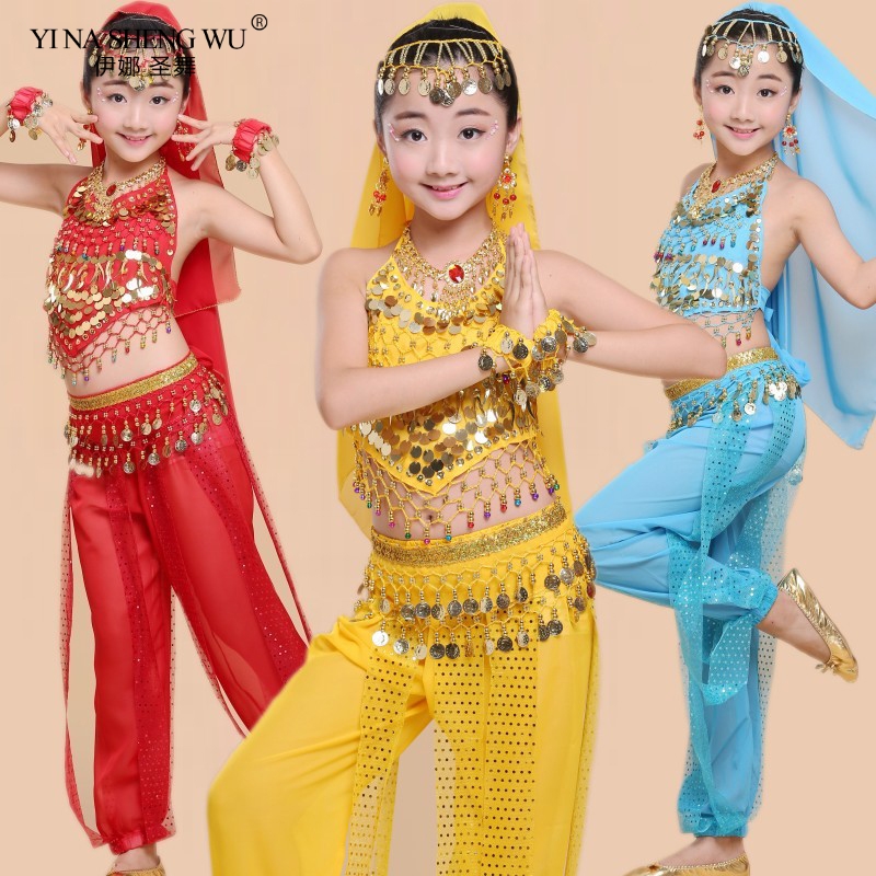 Kids Belly Dance เครื่องแต่งกายชุด Oriental Dance เครื่องแต่งกายสาวอียิปต์ Bollywood อินเดีย Belly เต้นรําเสื้อผ้าอินเดีย 6 สีชุดเต้นรํา
