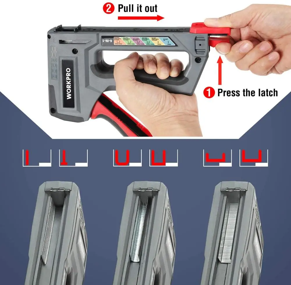 WORKPRO 6 Trong 1 Nặng Súng Bắn Ghim Để Cố Định Chất Liệu Bằng Tay Súng Bắn Đinh Wth Hai Lựa Chọn Dòng Điện cho DIY Trang Trí Nhà