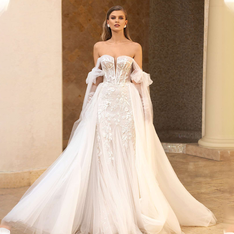 Mermaid ชุดแต่งงานหนา Staps ที่ถอดออกได้รถไฟ2ใน1ลูกไม้ Applique Wedding Gowns Tailor-Made