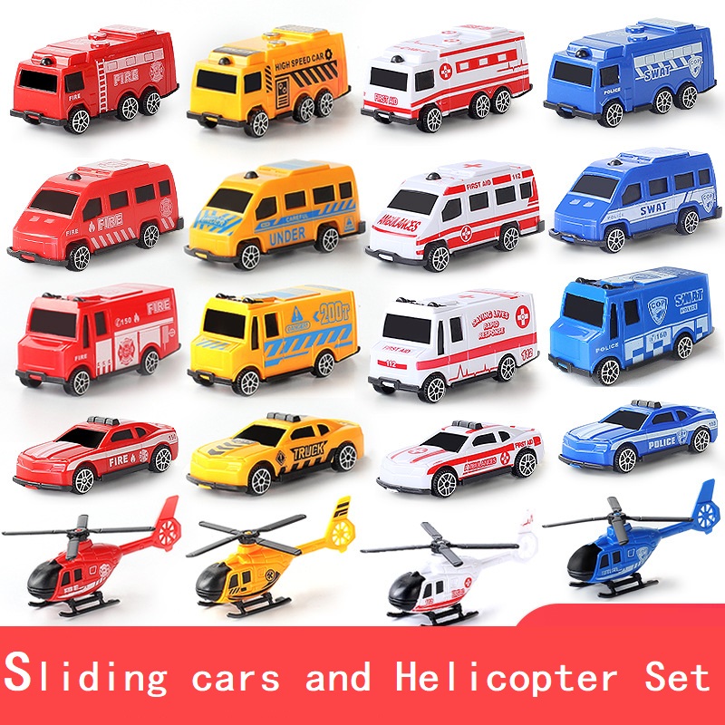 Juego de 5 uds de coches y helicóptero, juguetes para niños, vehículo de plástico, camión de bomberos, modelo de Taxi, juego de Cosplay, regalo de Navidad para niños