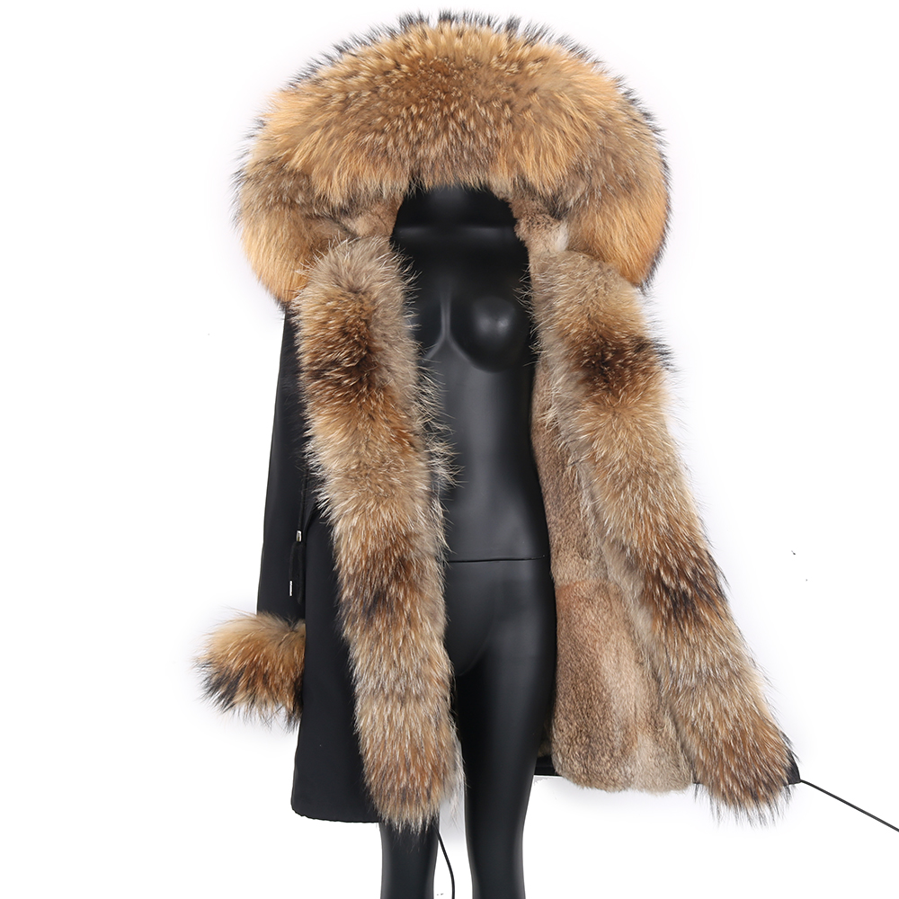 Inverno real coelho casaco de pele das mulheres jaqueta longa à prova dwaterproof água parkas rex coelho forro removível gola de pele de guaxinim com capuz outwear