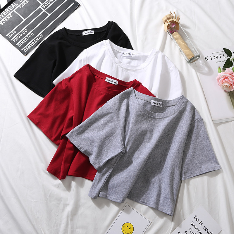 女性用半袖コットンTシャツ,ラウンドネックTシャツ,ハイウエストTシャツ,女性用カジュアルTシャツ,単色Tシャツ,ルーズフィットTシャツ,夏