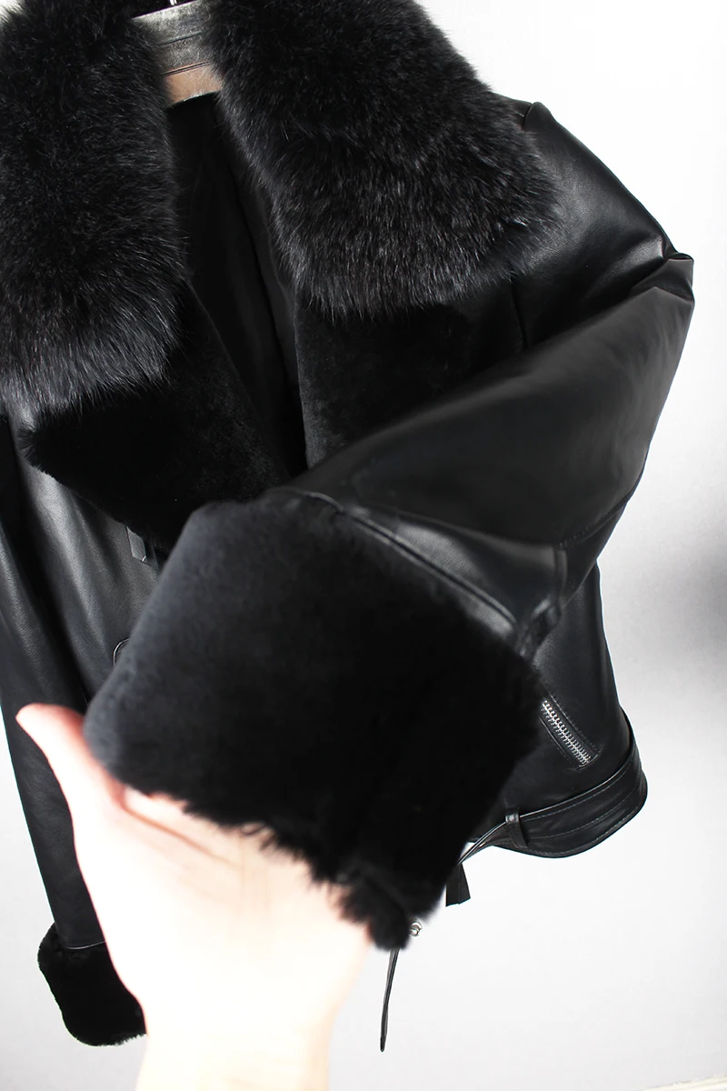 ฤดูหนาวผ้าฝ้ายหนา Warm Real Sheep หนังแจ็คเก็ตหญิงบางธรรมชาติ Fox ขนสัตว์แกะขน Cuff Coat f685