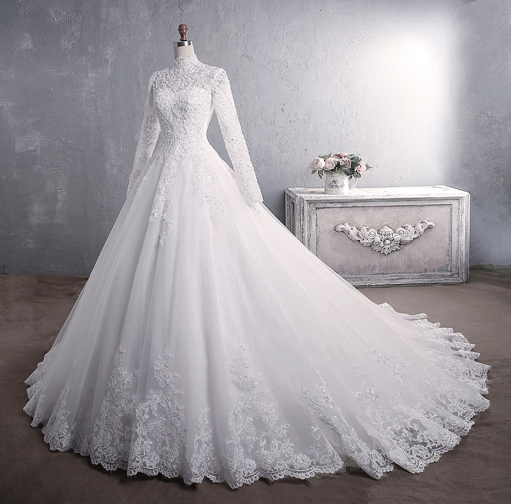 이슬람 웨딩 드레스 2021 기차와 우아한 높은 목 공주 신부 드레스 럭셔리 레이스 자수 웨딩 드레스 Vestido De Noiva