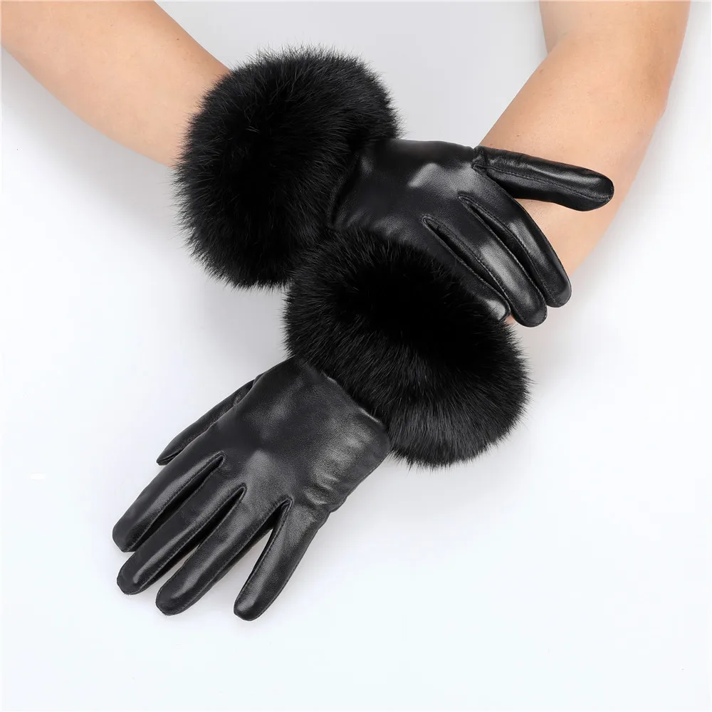 ใหม่มาถึงขายส่งผู้หญิงหนังSheepskinจริงถุงมือกระต่ายขนสัตว์Cuffsหญิงขี่จักรยานถุงมืออุ่นขนแกะซับ