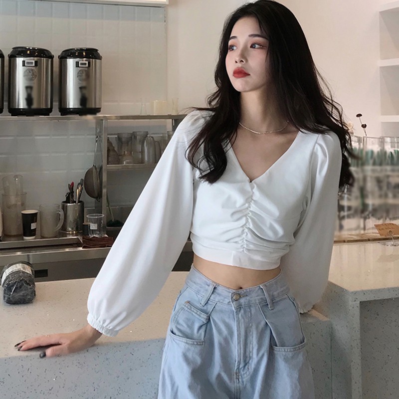 Autumn Women's Solid Color Blouses V-Neck Casual Long Sleeve Office Lady Loose White Black Shirt Tops