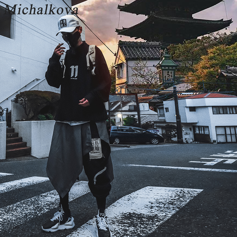 michalkova 不規則なヒップホップ男性ウエストバンドスカート原宿調節可能なストリート黒プリーツエプロンゴシックジョガーヘムライン